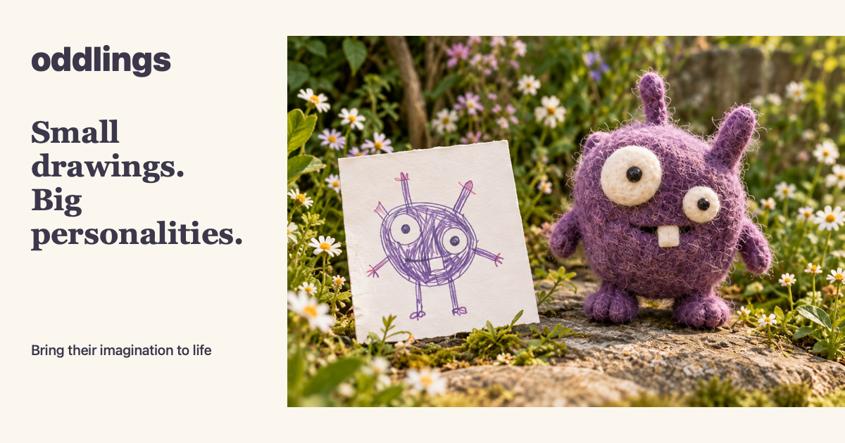 A purple woolly Oddling beside the drawing that inspired him