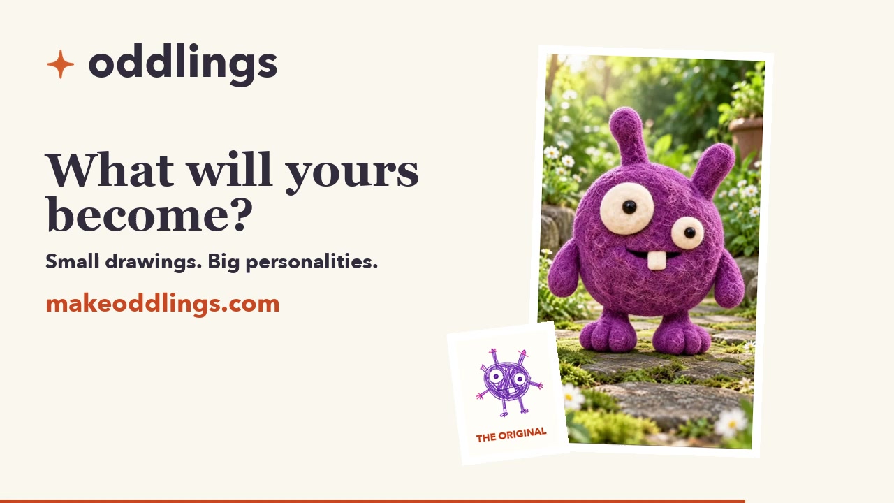 What will yours become? A purple woolly Oddling beside its original drawing.