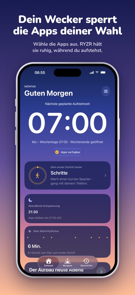RYZR-Morgenbildschirm mit Wecker um 07:00, einer Gehaktion für den Morgen und der Abendroutine.