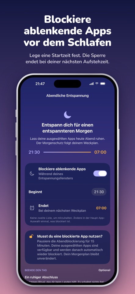 RYZR-Einstellungen für den Abend: Apps bleiben von 21:30 bis zur nächsten Weckzeit um 07:00 blockiert.