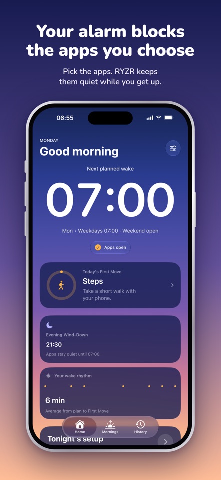RYZR morning screen with a 07:00 alarm, a Steps First Move and an evening wind-down.