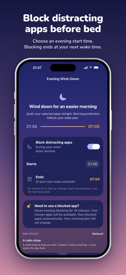 RYZR Evening Wind-Down settings, blocking selected apps from 21:30 until the next 07:00 wake time.