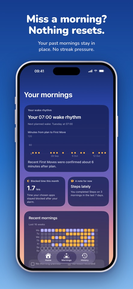 RYZR morning history, showing a 07:00 wake rhythm, blocked time this month and a grid of recent mornings.