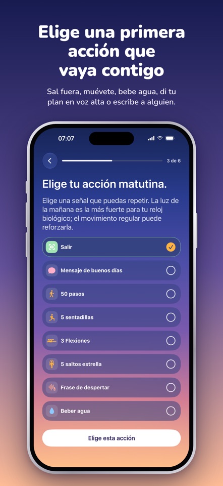 Opciones para la primera acción en RYZR, como salir al exterior, dar 50 pasos, hacer sentadillas y beber agua.