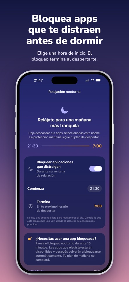 Ajustes nocturnos de RYZR: bloqueo de apps desde las 21:30 hasta la siguiente alarma de las 07:00.