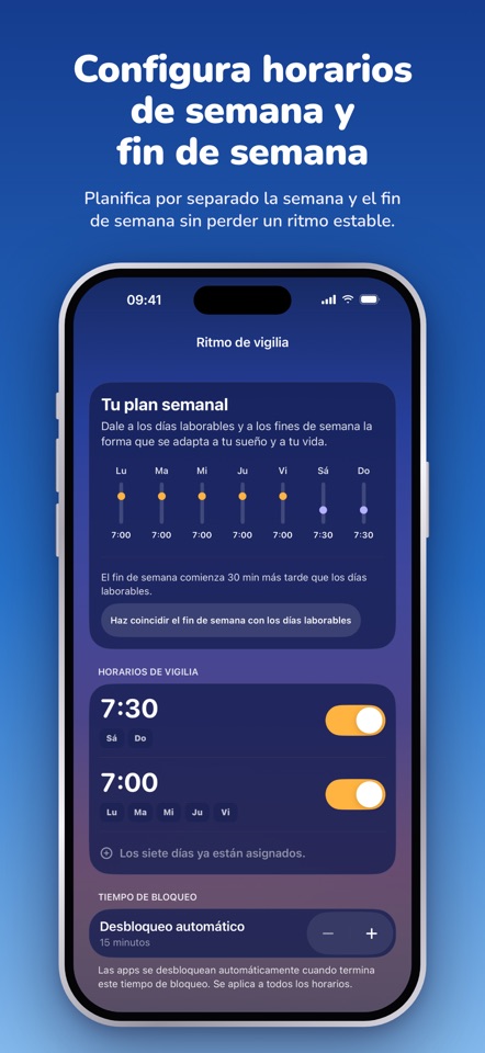 Plan semanal de RYZR: 07:00 en días laborables, 07:30 los fines de semana y ajustes de desbloqueo automático.