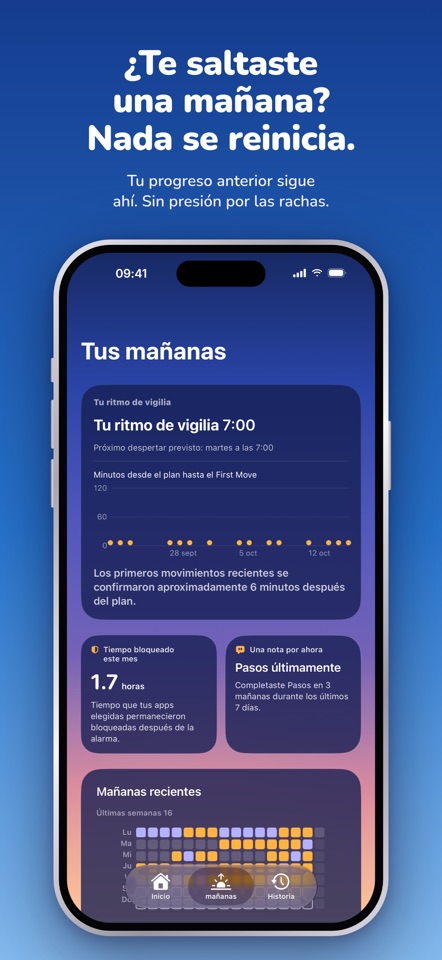 Historial de mañanas de RYZR con ritmo de despertar a las 07:00, tiempo de bloqueo y mañanas recientes.