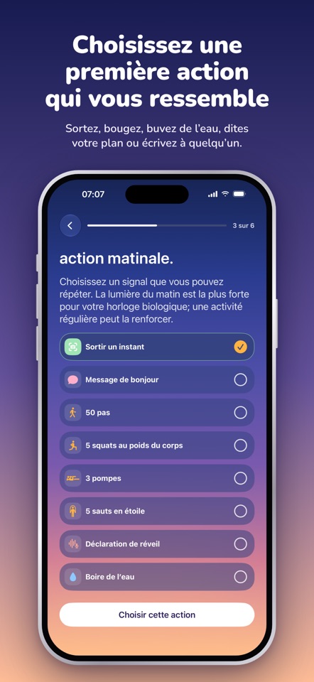 Choix de la première action dans RYZR, notamment sortir, faire 50 pas, faire des squats et boire de l’eau.