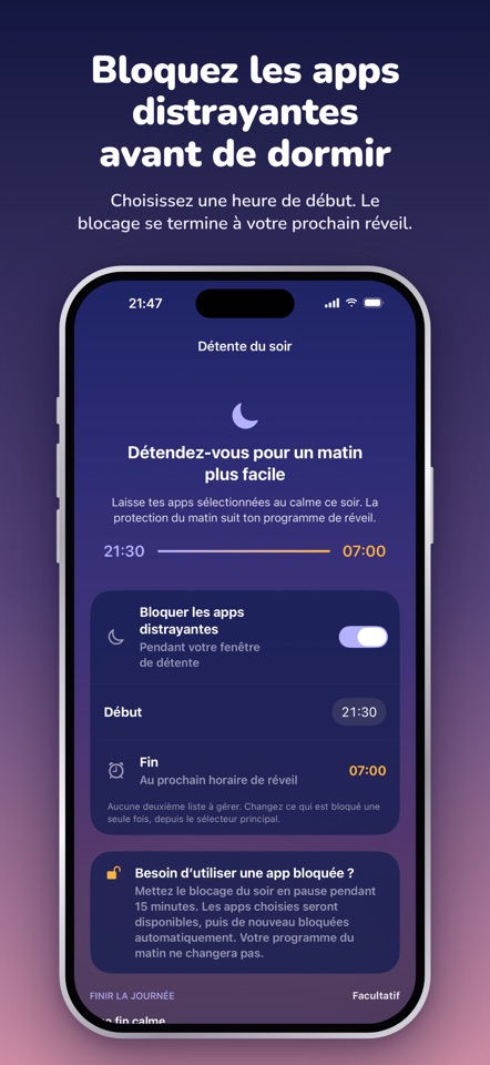 Réglages de détente du soir de RYZR : blocage des apps de 21:30 au prochain réveil à 07:00.
