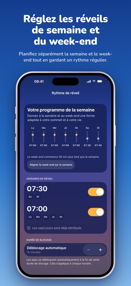 Programme de réveil RYZR : 07:00 en semaine, 07:30 le week-end et réglage du déblocage automatique.