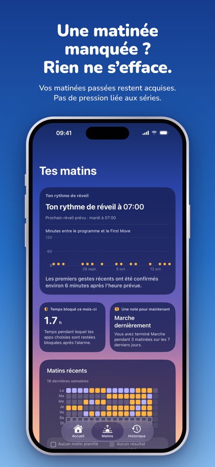 Historique des matins RYZR avec un rythme de réveil à 07:00, la durée de blocage et les matins récents.