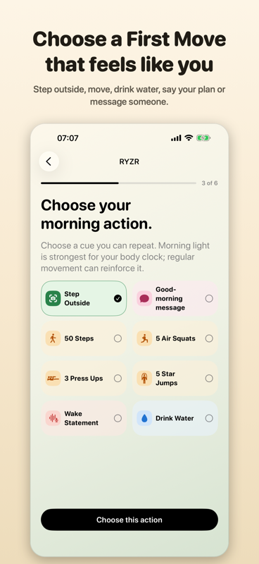 RYZR screen titled Choose your morning action, offering options including Step Outside, 50 Steps, 5 Air Squats and Drink Water.