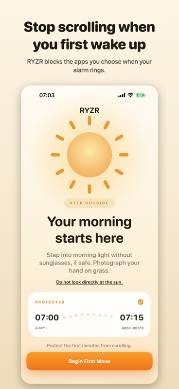 RYZR morning screen reading Your morning starts here, with a protected window from the 07:00 alarm until apps unlock at 07:15.