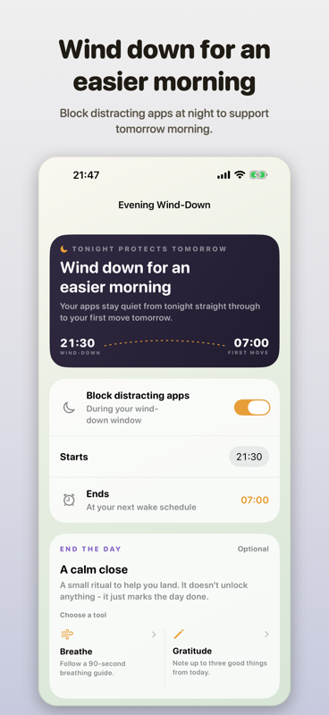 RYZR Evening Wind-Down screen showing apps blocked from 21:30 through to the 07:00 first move.